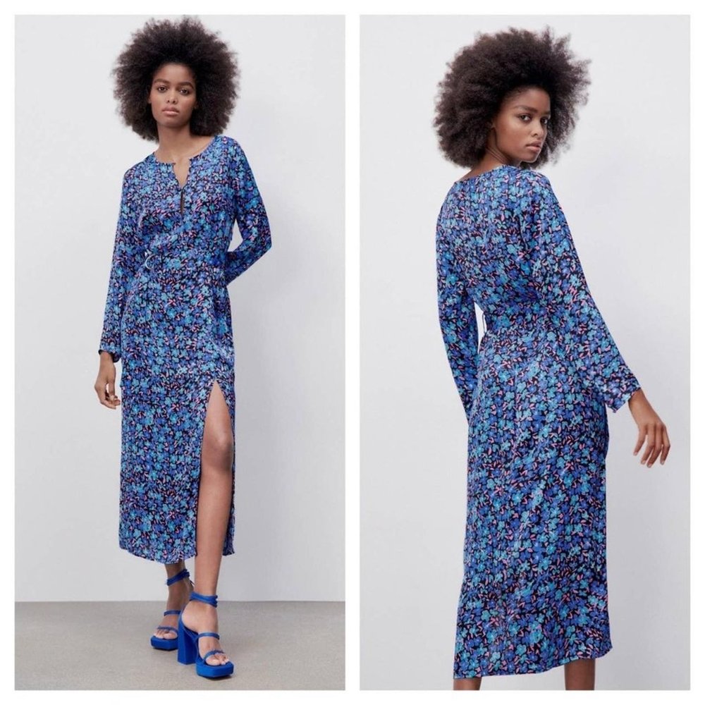 NEW Blue Floral Print Sz Small Church Office Belted Silky Midi Dress